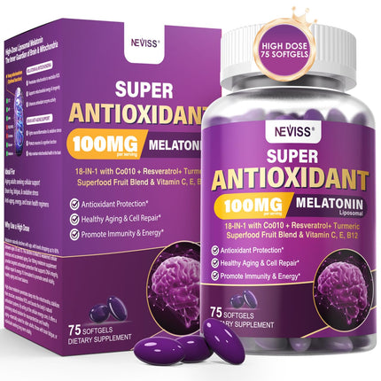 Melatonin 100mg for Antioxidant & Cognitive Health, Ultra High Dose Melatonin with CoQ10, Turmeric, Trans-Resveratrol, Vitamin B12 C E for Brain Anti-Aging, Cellular Repair and Energy, 75 Softgels
