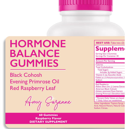 Amy Suzanne Hormone Balance Gummies for Women - Hormone Harmony for Mood, Energy, Bloating - Hormonal PMS, Perimenopause & Menopause Support - Red Raspberry Leaf & Black Cohosh - 60 Gummy Supplements