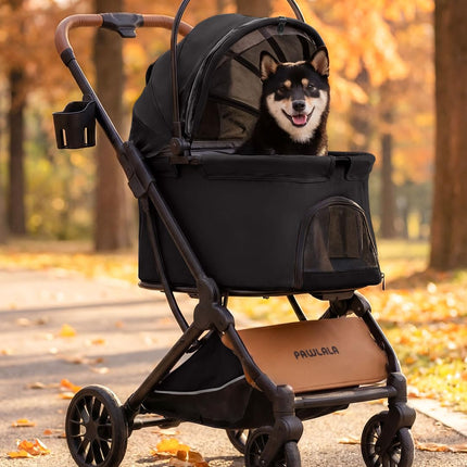 PAWLALA Pet Stroller with Detachable Carrier for Small & Medium Dogs & Cats, Smooth Comfort Ride with Shock-Absorbing Suspension, Foldable Dog Stroller, Compact Storage (Midnight Black)