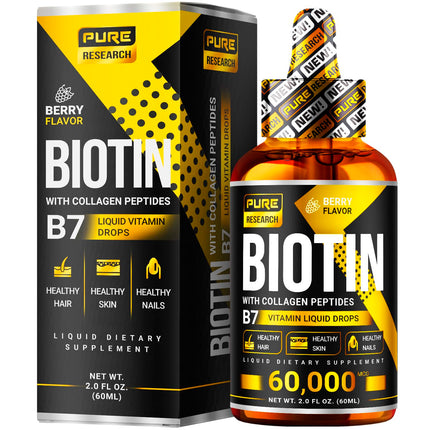 PURE RESEARCH Biotin & Collagen 60,000mcg Hair Growth Liquid Drops, Supports: Strong Nails, Glowing Skin, Healthy Hair Growth, More Absorption Than Capsules & Pills (4Fl Oz)