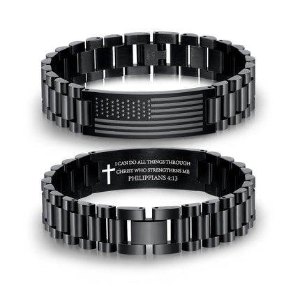 P.BLAKE Straps Watch Band Link Bracelet for Men, Stainless Steel Engraved American Flag Bible Verse Lord’s Prayer Christian Easter Anniversary Jewelry Gift for Dad Son Husband Boyfriend Him
