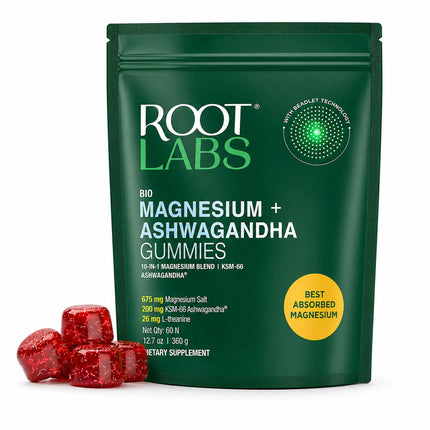 ROOT LABS Magnesium Ashwagandha Gummies 675mg | Multi-Form Liposomal Magnesium Salt, Ashwagandha, L-Theanine | High Bioavailability | Stress Relief, Sleep Support & Recovery | 60 Gummies