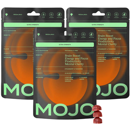 Mojo Focus Gummies Extra Strength with Lion’s Mane, Panax Ginseng, Ginger Root, Cordyceps, SAM-e, and Nootropics, Energy and Focus Supplement, Vegan, Strawberry Tangerine (3 Pack)