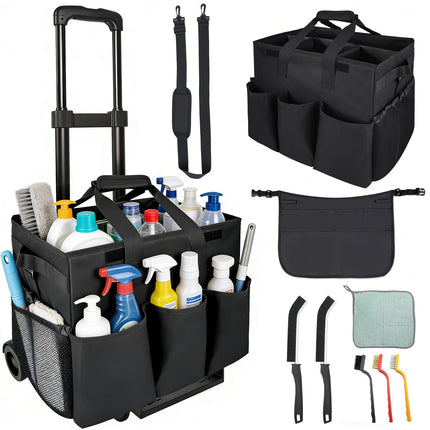 Cleaning Tools Cleaning Caddy with Wheels and Cleaning Apron, Large Rolling Cleaning Caddy Bag with Detachable Trolley, 6PCS Crevice Cleaning Brush Set, Adjustable Shoulder Strap & Multiple Pockets