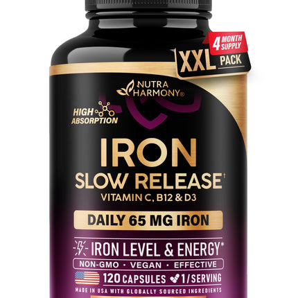 Iron Supplement for Women - Iron 65mg (Ferrous Sulfate 325mg) - Stomach Friendly | Slow Release Iron | High Absorption - Vitamins C, D3, B6, B12 & Folate - Iron Level & Energy Support - 120 Capsules