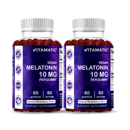 Vitamatic Melatonin 10 mg Vegetarian Gummies – Non-Habit Forming – 60 Gummies per Bottle – 2-Pack (Total 120 Vegan Gummies)