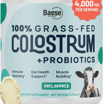Baese Nutrition 4000mg 800 IgG Grass Fed with Probiotics Bovine Colostrum Powder Supplement for Kids & Adults with Immunoglobulins (132 Grams, Unflavored)