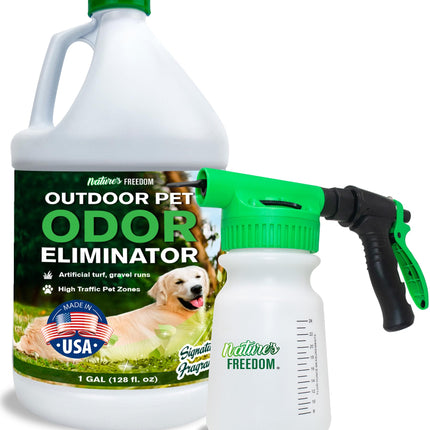 Nature's Freedom Hose-End Outdoor Pet Odor Eliminator – Gallon Enzyme Cleaner with Spray Gun for Yard, Turf, Patios, Kennels, Concrete