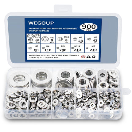 WEGOUP 900 Pcs Stainless Steel Flat Washers for Screws, Assorted Sizes