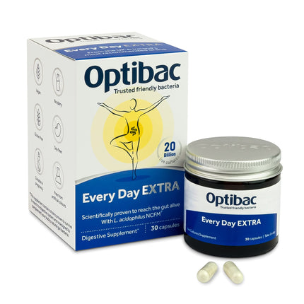 OptiBac Probiotics Every Day Extra 30 Capsules | High Strength Digestive Probiotics with 20 Billion CFU | Vegan Supplement with Lactobacillus Acidophilus NCFM | for Everyday Digestive Health