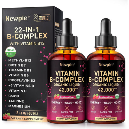 Newpie Vitamin B Complex Liquid Drops - B12 Methylcobalamin, B6, B1, Niacin & Folate, Biotin, Vitamin C, Choline, Inositol, CoQ10 & Taurine - Methylated Sublingual for Energy & Focus - Vegan, Organic