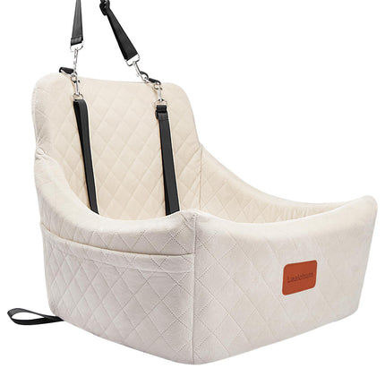 Lealchum Dog Car Seat for Medium Dogs Up to 40lbs,Easy to Install with Adjustable Straps,Anti-Slip Base,Fully Detachable and Washable,Soft Fabric Fill in Memory Foam,2 Side Pockets(Beige,Medium)