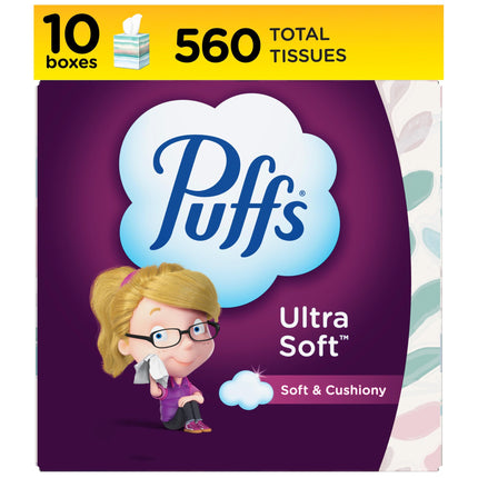 Puffs Facial Tissue Ultra Soft Non-Lotion, 10 Cube Boxes, 56 Facial Tissues per Box, Allergies and Colds (Packaging May Vary)