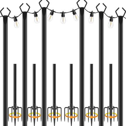 NSHWFW 6 Pack 10 ft Heavy Duty Metal String Light Poles Adjustable Outdoor Lighting Stand for Patio,Backyard,Garden,Party & Wedding Rustproof & Sturdy with Hooks