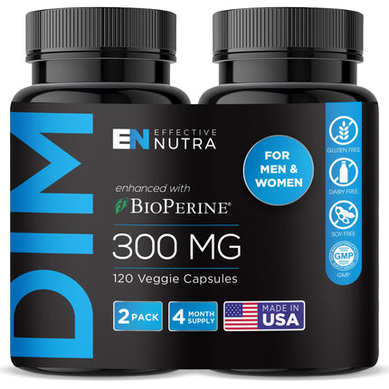 Effective Nutra DIM Supplement 300mg + BioPerine, Extra Strength Estrogen Blocker for Men & Hormone Balance for Women - Diindolylmethane, Hormonal Acne, Menopause Support - 120 Veggie Capsules