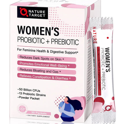 NATURE TARGET Probiotics for Women Probiotic Powder - 50 Billion CFUs, 13 Strains Supports for Digestive Vaginal Health, Bloating Relief, 30 Stick Packs