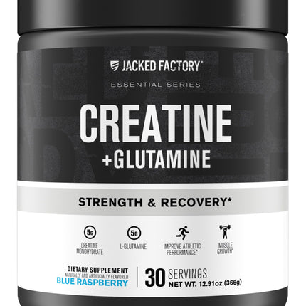 Jacked Factory Creatine + Glutamine - Creatine Supplement with L-Glutamine for Muscle Recovery, Muscle Growth, Increased Strength, Enhanced Energy Output, and Gut Health - 30 Servings, Blue Raspberry