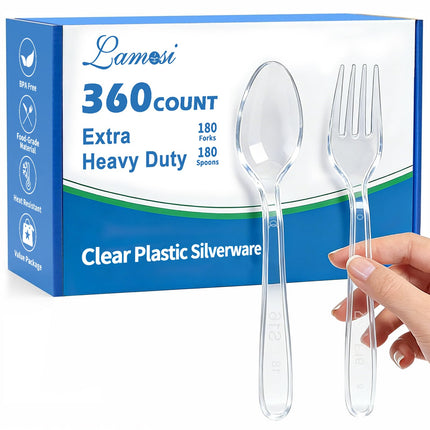 Lamosi 360 Count Extra Heavy Duty Clear Plastic Forks and Spoons, 180 Forks, 180 Spoons, Disposable Plastic Silverware BPA-Free, Heat Resistant for Wedding Party Supplies
