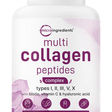 Micro Ingredients Multi Collagen Pills for Women & Men, 240 Capsules | Type I, II, III, V, X | Hydrolyzed Peptides with Biotin, Hyaluronic Acid, & Fat Soluble Vitamin C Complex | Non-GMO, Filler Free