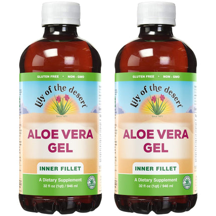 Lily Of The Desert Aloe Vera Gel - Inner Fillet Thicker Consistency Aloe Vera Drink with Natural Vitamins, Digestive Enzymes for Gut Health, Stomach Relief, Wellness, Glowing Skin, 32 Oz (Pack of 2)