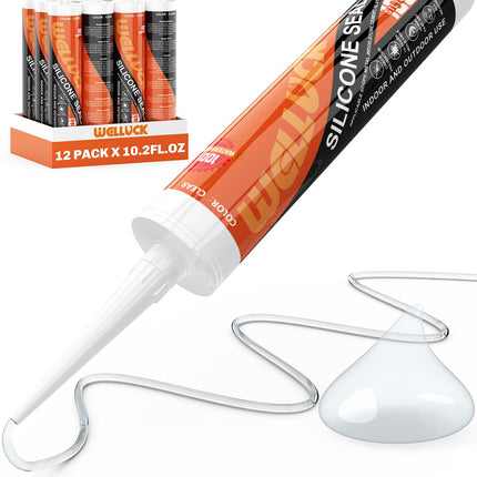 WELLUCK Clear Silicone Caulk, 100% Waterproof Silicone Sealant Adhesive Caulking,for RV, Kitchen,Bathroom, Window, Door, Glass,10.2FL.OZ/300ML (12 Pack)