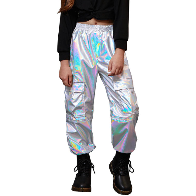 Perfashion Cargo Pants Women Silver Metallic Neon Parachute for Women 70S 80S Hip Hop Dance Steampunk Size M