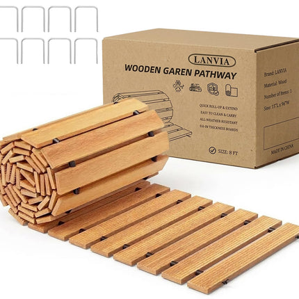 Wooden Garden Pathway Outdoor Walkway - 12 FT Roll Out Outdoor Pathway with Ground Stakes, Boardwalk Pavers for Outside Walkway, Non-Slip Garden Path for Backyard Decor, Lawn Landscaping, Natural