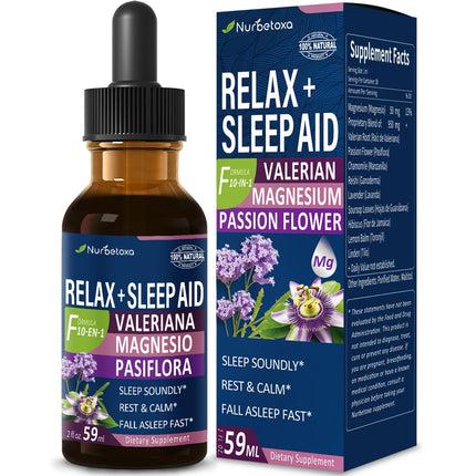 Nurbetoxa Valerian Root Sleep Aid Drops, Gotas de Glicinato y Citrato de Magnesio, Pasiflora y Valeriana para Dormir Profundamente adulto, Magnesium Citrate & Passionflower Extract Liquid Tincture.2oz