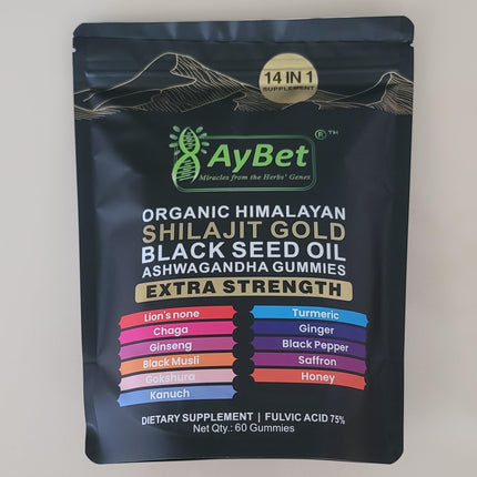 AyBet Organic Himalayan Shilajit Gold Gummies for Men and Women, Black Seed Oil, Ashwagandha, Ginseng, Turmeric, Gokshura, Lion's Mane, Lab Tested, No Sugar Added, Halal, 60Gummy