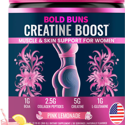 Bold Buns Creatine for Women – Supplement with Collagen & BCAA – Supports Muscle Development, Post-Workout Recovery, Skin Elasticity, Healthy Hair & Nail (30 Servings, Pink Lemonade)