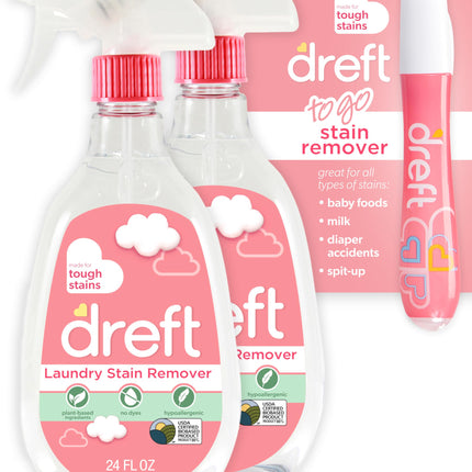 Dreft Stain Remover for Baby Clothes and Hypoallergenic Baby Stain Remover Spray Plus Travel Size Stain Treater Pen, 24 Fl Oz ( Pack of 2 + Stain Pen)