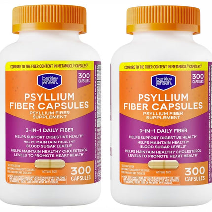 berkley jensen Daily Psyllium Husk Supplement, Natural Fiber for Men & Women - Fiber Capsules for Overall Digestive Health, Easing Constipation, Made in USA - 300 Count (Pack of 2)