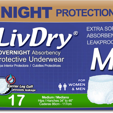 LivDry Adult M Incontinence Underwear, Overnight Comfort Absorbency, Leak Protection, Medium, 17-Pack