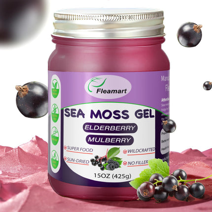 Fleamart Sea Moss Gel - Natural Wildcrafted Irish Sea Moss Gel Non-GMO, Elderberry Flavor 15 OZ