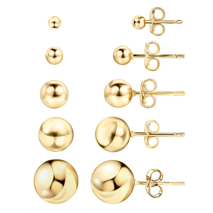 Barzel 18K Gold Plated Ball Stud Earrings Set, Sizes 3-10MM, 5 Pack, High Polish Finish Ball Suds