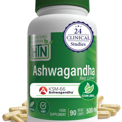 Health Thru Nutrition Ashwagandha 500mg KSM­66® 90 Capsules | Stress, Mood, Focus, & Energy | Clinically Proven and Organic Root-Only Whitania Somnifera Extract | Non-GMO, Gluten & Soy Free