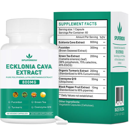 Spliferikou Ecklonia Cava Extract, 800mg, 60 Veggie Capsules with Fucoidan, Green Tea, Turmeric, CoQ10, Dietary Supplement