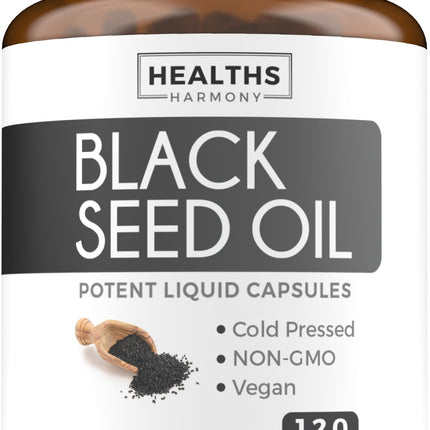 Black Seed Oil - 120 Softgel Capsules Skin Health (Non-GMO & Vegan) Cold-Pressed Nigella Sativa Producing Pure Black Cumin Seed Oil with Vitamin E - 500mg Each, 1000mg Per 2 Capsule Serving
