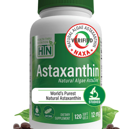 Health Thru Nutrition Astaxanthin Triple Strength 12mg Supplement 120 Softgels | AstaZine from Algae Organically Grown in Pristine Himalayan Water | Skin and Vision Support