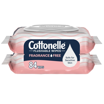 Cottonelle Fragrance Free Flushable Wet Wipes, Adult Wet Wipes, 2 Flip-Top Packs, 42 Wipes Per Pack