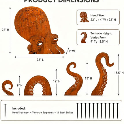 Rust Patina Giant Squid Garden Sculpture, Rustic Metal Octopus Statue, Unique Coastal Yard Art for Patio, Lawn, Backyard, Beach Themed Decor