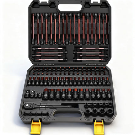112-Piece Torx and Allen Bit Socket Set, 1/4", 3/8",1/2" Drive Bit Socket Set with Ratchet Wrench, Adapters, Extra Long & Tamper Proof torx/Hex/Ball End Hex/E-torx, SAE & Metric