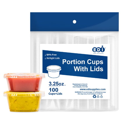EDI Clear Disposable Plastic Portion Cups with Leakproof Lids | Jello Shot & Condiment Cups | 3.25 OZ, 100 Sets | BPA Free & Recyclable