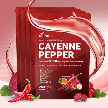 VivoNu Cayenne Pepper Softgels Supplement, Supports Leg Vein, Heart and Blood Vessel Health, with Vitamin E D3+K2 and Extracts of Grape Seed, Hawthorn, Beetroot, Berberine (Softgel / 4 Bag)