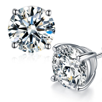 Moissanite Stud Earrings, Round Cut D Color VVS1 Clarity Lab Created Moissanite Earrings Studs 18K White Gold Plated 925 Sterling Silver Jewelry for Women Men (Silver 4 Prong, 4 CTW (2 Ct Each))