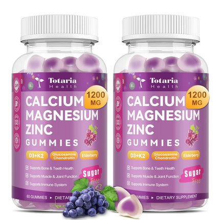 2 PCS Totaria Sugar Free Calcium Citrate Magnesium Zinc Gummies for Women Men, with D3, Boron, B12, Ashwagandha, 19-in-1 Ultimate Absorption Calcium 1200 mg Supplements for Bone, Muscle, Calm, Vegan
