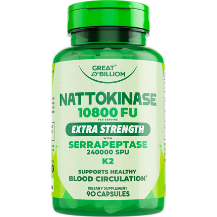 GREAT BILLIOM Nattokinase 10800 FU with Vitamin K2 MK-7 & Serrapeptase 240,000 SPU Supplement – Natto Enzyme, Heart Health Supplements for Blood Flow & Circulation Support, 90 Capsules