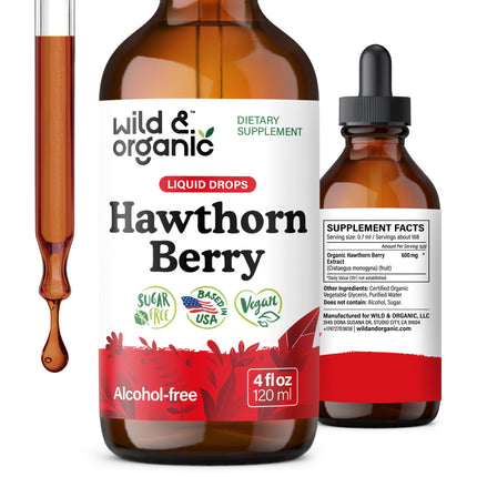 Wild & Organic Hawthorn Berry Tincture 600 mg - Liquid Hawthorne Berry Supplement for Overall Support - Vegan, Sugar & Alcohol-Free Fruit Extract Drops - 4 fl oz