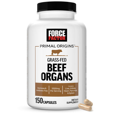 Force Factor Primal Origins Grass-Fed Beef Organs, Pasture-Raised Supplement with Liver, Kidney, Heart, Pancreas & Spleen, Hormone & Antibiotic Free, Non-GMO, 3500mg, 150 Capsules