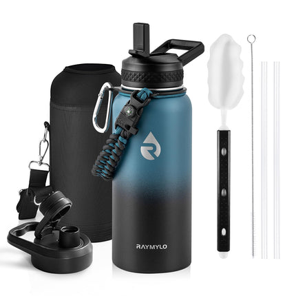 RAYMYLO Insulated Water Bottle 32 oz, Triple Wall Vacuum Stainless Steel (Cold for 48 Hrs, Hot for 24Hrs), Leak Proof & Non-BPA, 32oz Hydro Water Flask with Paracord Handle & Straw Spout Lids
